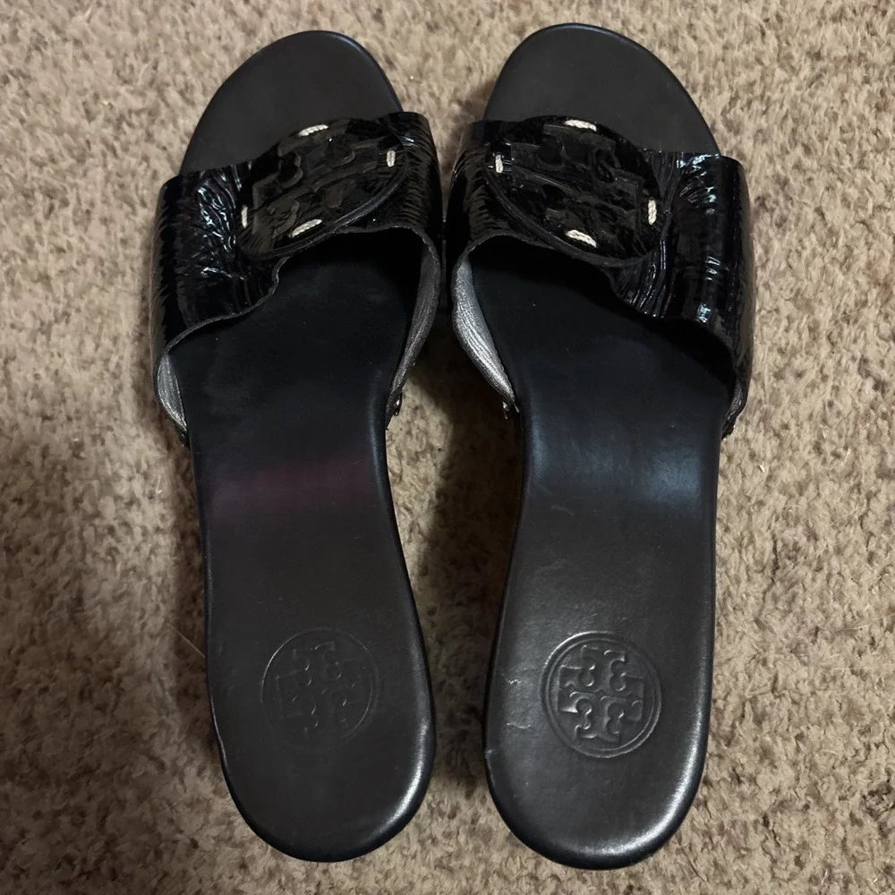 Tory Burch Patti Black Patent Slides Platform Wedge Mules Heels Sandals Size 9 M
